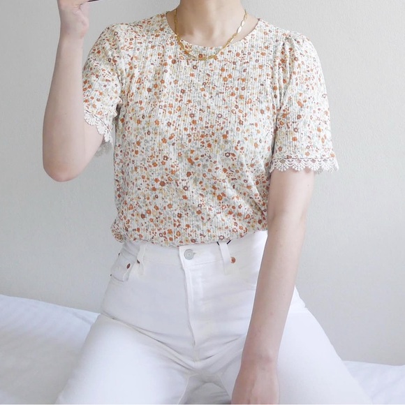 Sezane Tops - Sezane Floral Lace Trim Top - Cream
